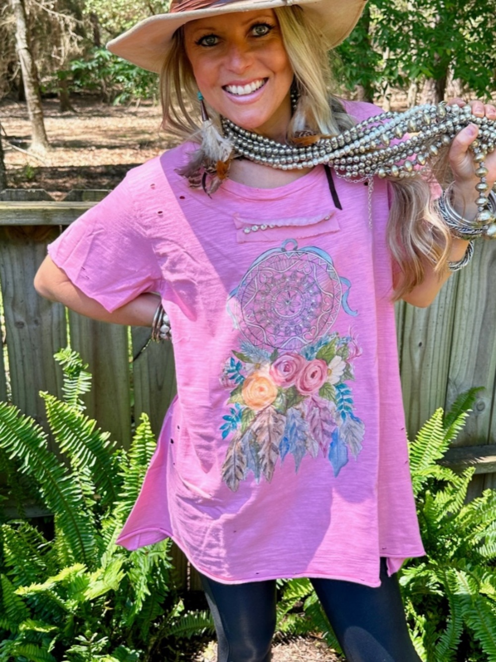 A Rare Bird Distressed Floral Dream catcher Rhinestone Short Sleeve Top